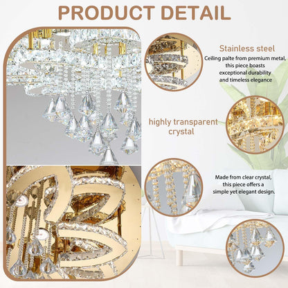 Flashing God 32'' Modern Crystal Chandeliers for Living Room Crystal Ceiling Light Fixture LED Dimmable Pendant Lighting Flush Mount Ceiling Chandelier for Dining Room Bedrooms Foyer Gold