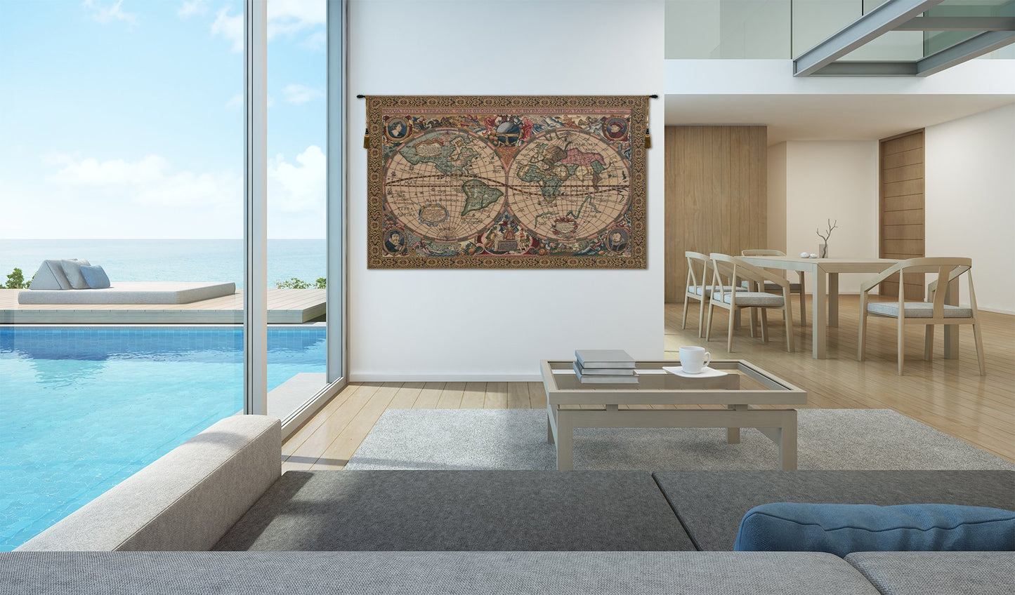 C Charlotte Home Furnishings Inc Map Mercator Belgian Tapestry Wall Hanging | Viscose Cotton and Polyester Blend Wall Art | 33 in. x 46 in | Home Decor Accents