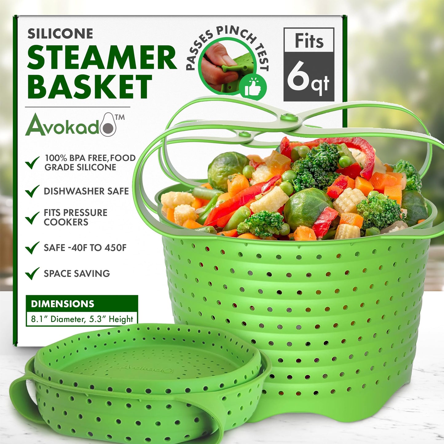 Avokado Silicone Steamer Basket for 6qt Instant Pot [3qt, 8qt avail], Other Pressure Cookers - 100% Food Safe, BPA-Free, Dishwasher Safe Collapsible Vegetable Steamer Basket & Strainer
