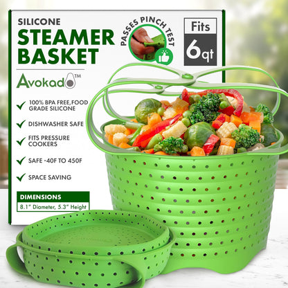 Avokado Silicone Steamer Basket for 6qt Instant Pot [3qt, 8qt avail], Other Pressure Cookers - 100% Food Safe, BPA-Free, Dishwasher Safe Collapsible Vegetable Steamer Basket & Strainer