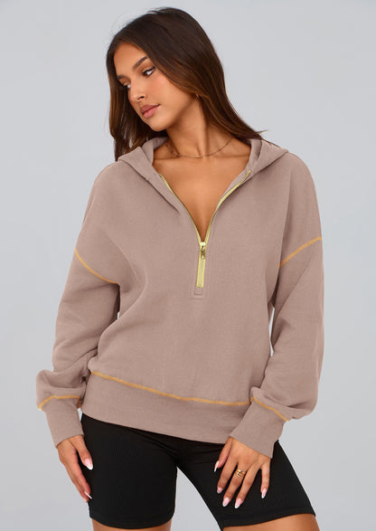 PRETTYGARDEN Women's 2025 Fall Hooded Sweatshirts Long Sleeve Half Zip Cropped Hoodies Pullover Winter Fashion Clothes (Khaki,Medium)