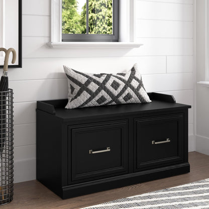 Bush Furniture Woodland 40W Shoe Storage Bench with Doors in Black Suede Oak | Footwear Organizer for Home Entryway, Mudroom, and Foyer