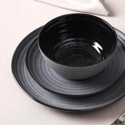 Stone Lain Dua 12-Piece Dinnerware - Stoneware, Plate and Bowls, Dishwasher and Microwave Safe, Dish Set for 4, Black