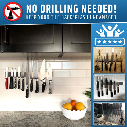 17" Strong Adhesive (No Drill) Magnetic Knife Holder for Wall - Professional Knife Strip - No Screws Needed - Adhesive Backing - Stainless Steel Knife Bar (Upgraded Version – Will Not Fall)