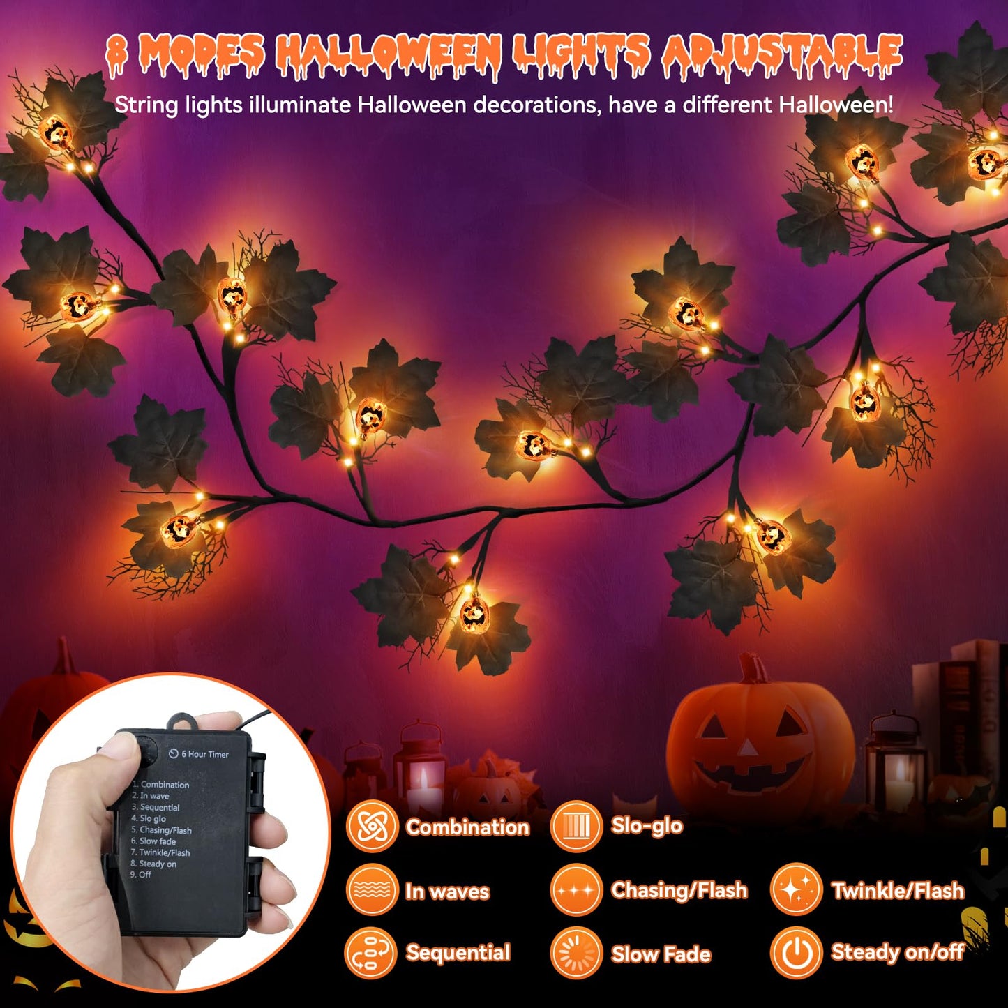 6 FT 54 LED Halloween Lights, 8 Modes & Timer Battery Operated Halloween Pumpkins Lights with Willow Vine Twig Garland, 3D Waterproof Decorations Lights for Home Indoor Wall Fireplace Mantle Party