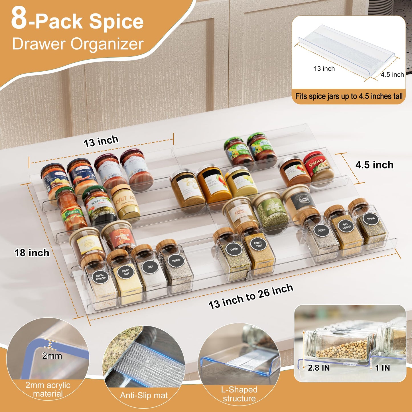 Brippo 8-Pack Spice Drawer Organizer, Expandable Acrylic Seasoning Rack (13" to 26") with Anti-Slip Mat, Kitchen Spice Rack Holds up to 56 Jars (Jars Not Included)