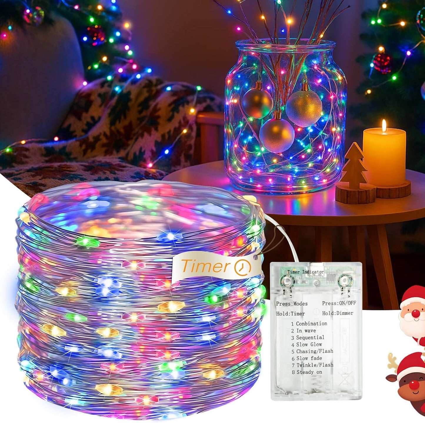 16FT 50 8 LED Fairy Lights Battery Operated with Timer, Modes USB Mini Twinkle Light, Small String Lights for Christmas