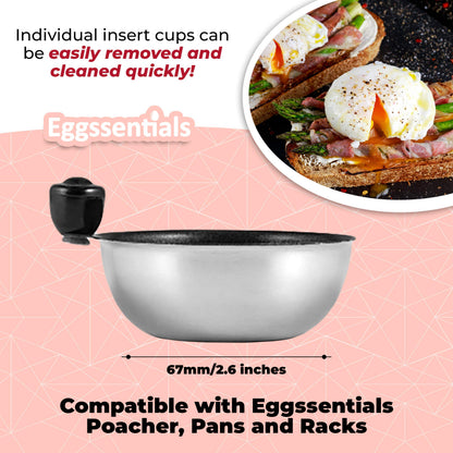 Eggssentials Egg Poacher Replacement Spare Stainless Steel 68mm in Diameter Anti-Stick PFOA Free Individual Removable Poaching Cups (6)