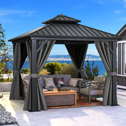 DWVO 10x10ft Hardtop Gazebo Double Roof with Nettings and Curtains, Heavy Duty Galvanized Steel Outdoor Vertical Stripes Roof for Patio, Backyard, Deck, Lawns, Grey