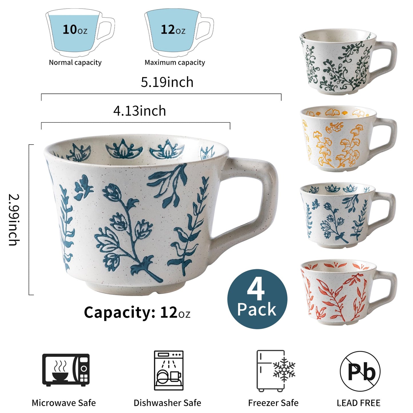 Ceramic Mugs 11 oz Unique Luxurious Cups Set of 4, Mug for Coffee Milk Latte Cappuccino Tea, Office Home Dishwasher Microwave Freezer Safe Stoneware Handmade Minimalist Mixed Cup