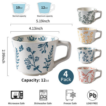 Ceramic Mugs 11 oz Unique Luxurious Cups Set of 4, Mug for Coffee Milk Latte Cappuccino Tea, Office Home Dishwasher Microwave Freezer Safe Stoneware Handmade Minimalist Mixed Cup