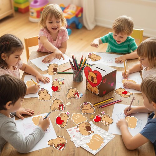 H1vojoxo DIY Valentine’s Day Mailbox - 48PCS Valentine’s Day Cards and Mailbox for Kid Classroom Exchange Valentines Gift Card Box for Boys Girls Valentines Capy Card Box for Valentine Party Favor