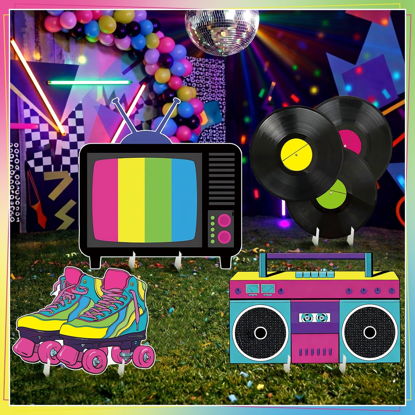 BrightRow 4 Pcs Large 80s Birthday Party Decoration, 23.62 Inch 90s Photo Props, Retro Cardboard Cutout, TV Roller Skates Radio Records Yard Sign for Birthday Supplies Hip Hop Music Theme Accessories