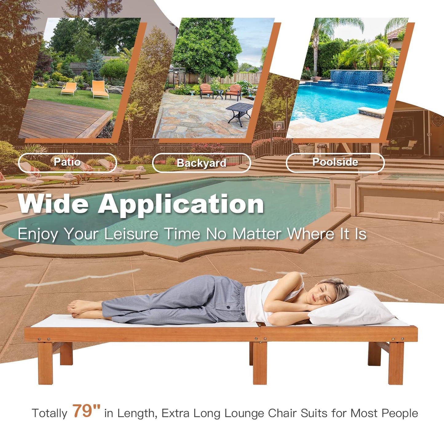 COSTWAY Set of 2 Patio Wood Chaise Lounge Chair, Strong Eucalyptus Wood Frame, 5-Position Adjustable Outdoor Recliner with White Mesh (White)