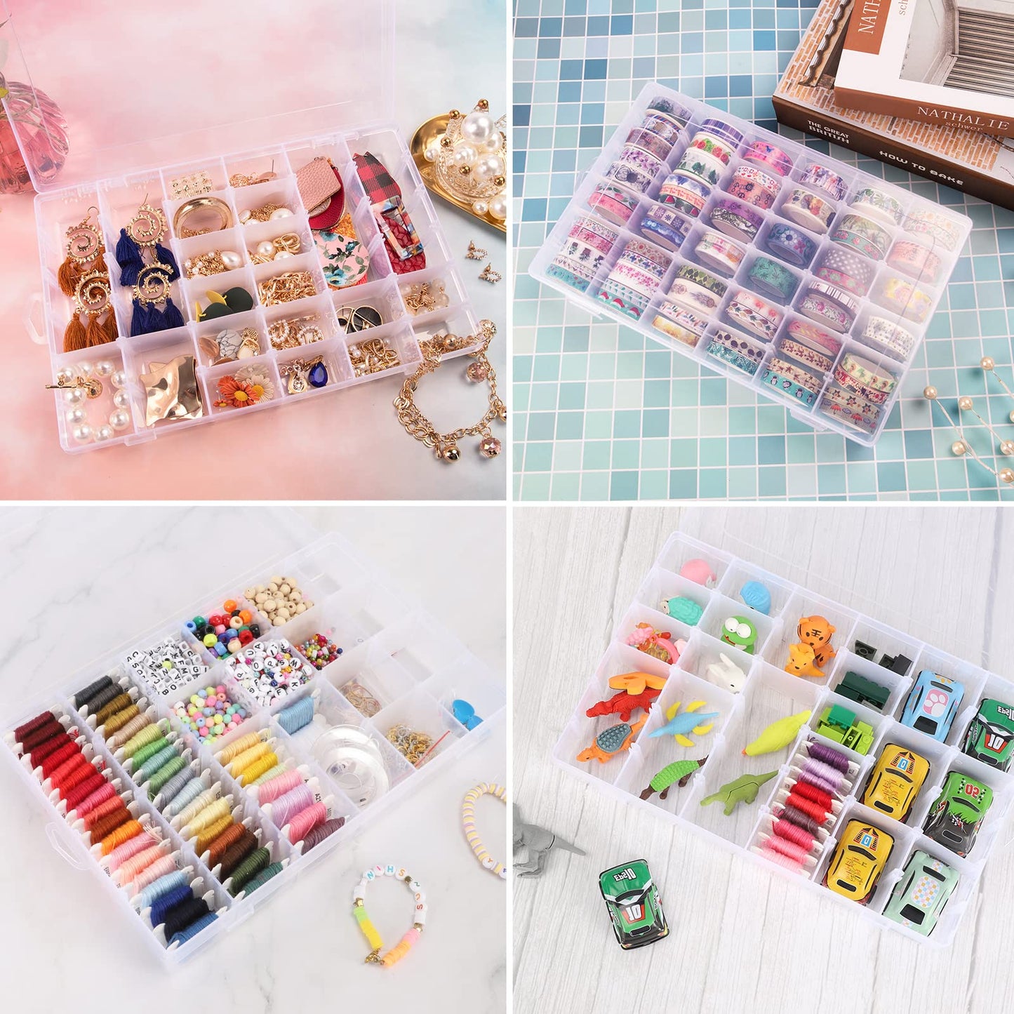 OUTUXED 2 Pack 36 Grids Clear Plastic Bead Organizer Box, Fishing Tackle Box Compartment Organizer with Adjustable Dividers for Jewelry, Art Craft, Bead Storage Containers with 5 Sheets Label Stickers