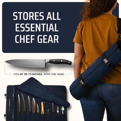 Asaya Waxed Canvas Chef Knife Roll Bag with 10 Slots and a Zipper Pocket - Professional Chef Knife Bag & Storage Case, with Shoulder Strap - Knives Not Included (Blue)