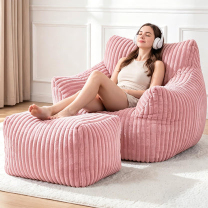 Giant Bean Bag Chair with Footstool for Adults, Fluffy Boneless Lounge Sofa Chair, Superior Large Reading Floor Sofa Bed, Oversized Accent Comfy Couch for Living Room, Bedroom (Pink, with Ottoman)