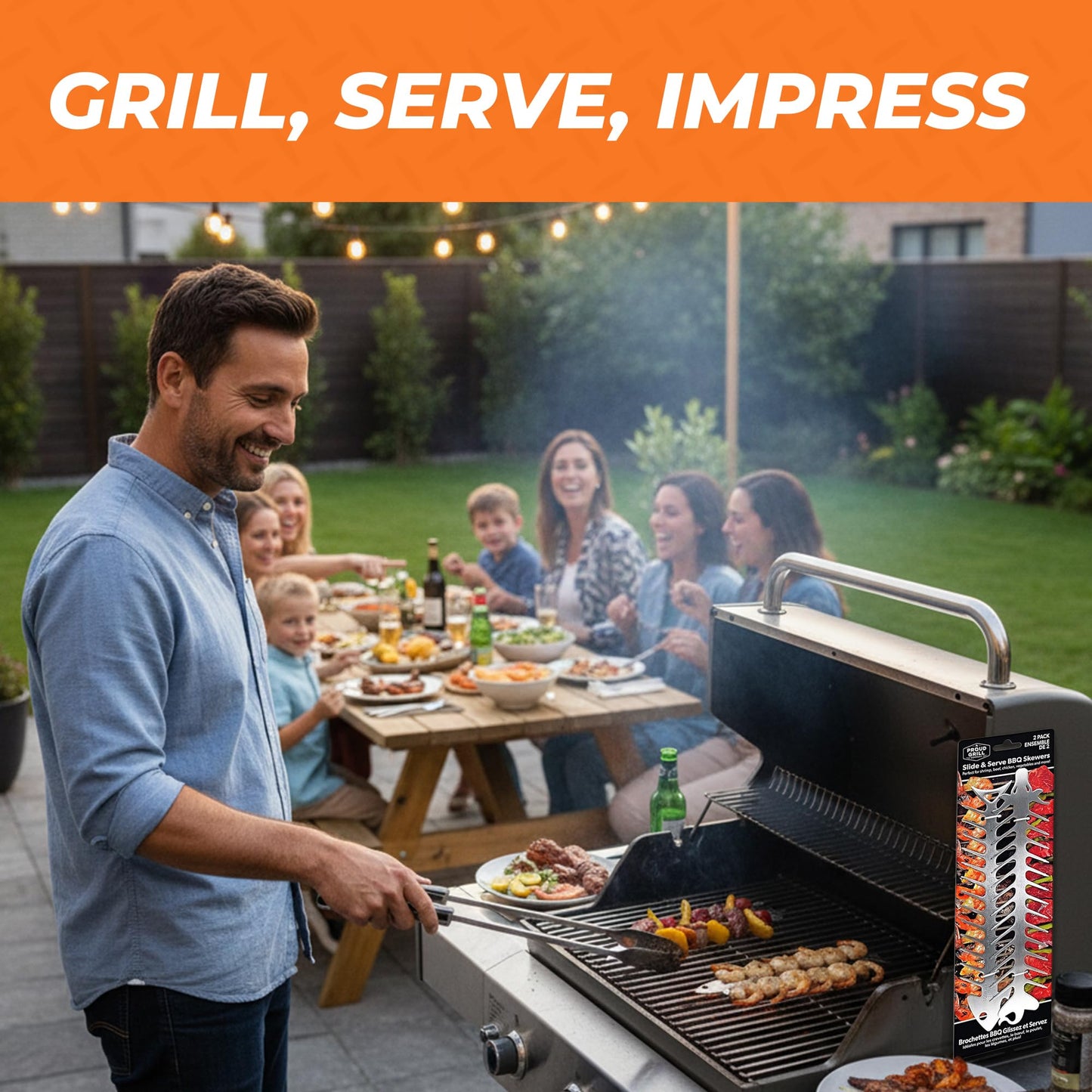 Proud Grill Slide & Serve BBQ Skewers - Mothers Day Gifts for Mom, Reusable Stainless Steel Barbecue Skewers for Grilling Shish Kabobs, Beef, Pork, Chicken, Shrimp & Vegetables - 12 Inch, Set of 4