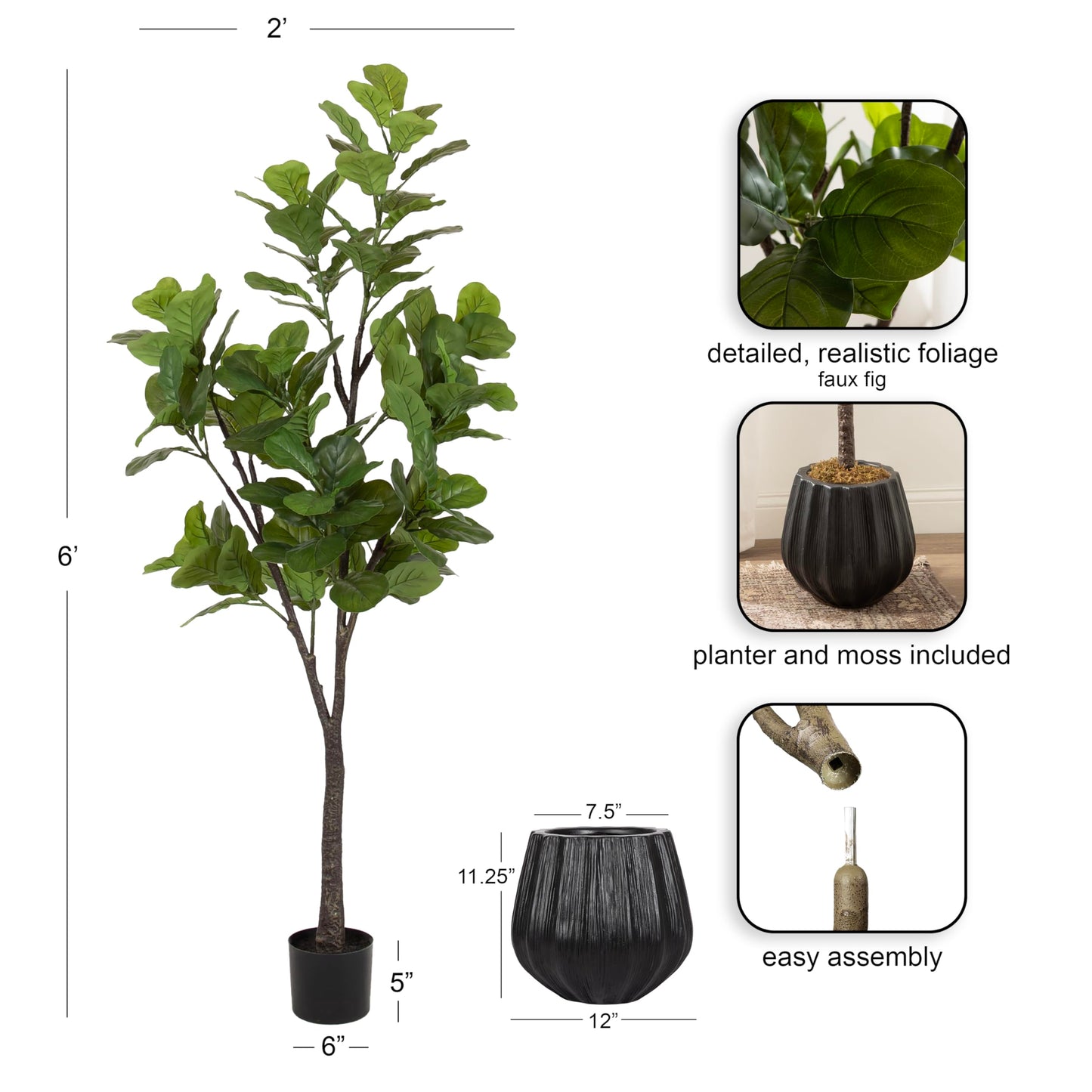 Kate and Laurel Fidmont Faux Fiddle Fig Tree with Claudel Scalloped Planter Pot, 6 FT, Black, Potted Artificial Tree Indoor with Realistic Foliage and Added Moss, Fake Plant for Living Room Decor