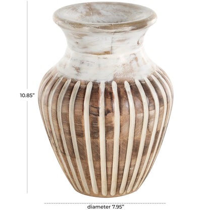 Deco 79 Mango Wood Decorative Vase Distressed Centerpiece Vase with Carved Grooves, Vase for Home Decoration 8" x 8" x 11", Brown