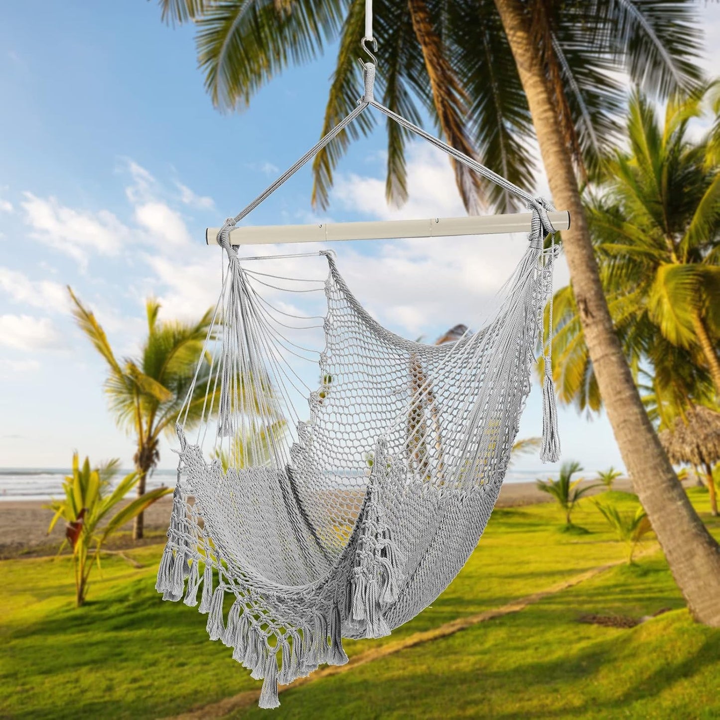 Hammock 330lbs, ChairMax Large Hanging Chair, Soft Cotton Rope Swing Chair with High Load-Bearing Metal Rod,Indoor