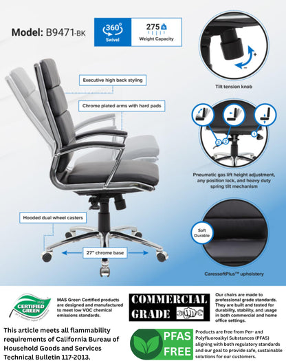 Boss Office Products CaressoftPlus Executive Chair, Traditional, Metal Chrome Finish (B9471-BK)