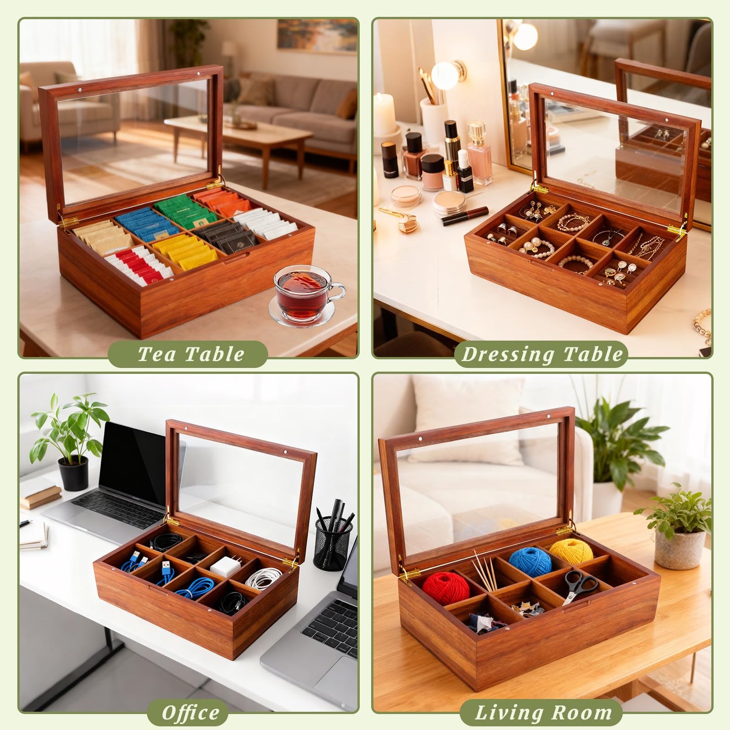 LANNEY Tea Bag Organizer - Acacia Wooden Tea Box Organizer Storage Box, Bag Holder Container with 8 Removable Compartments, Clear Window and Magnetic Lid for Coffee Sugar Countertop Kitchen Cabinet