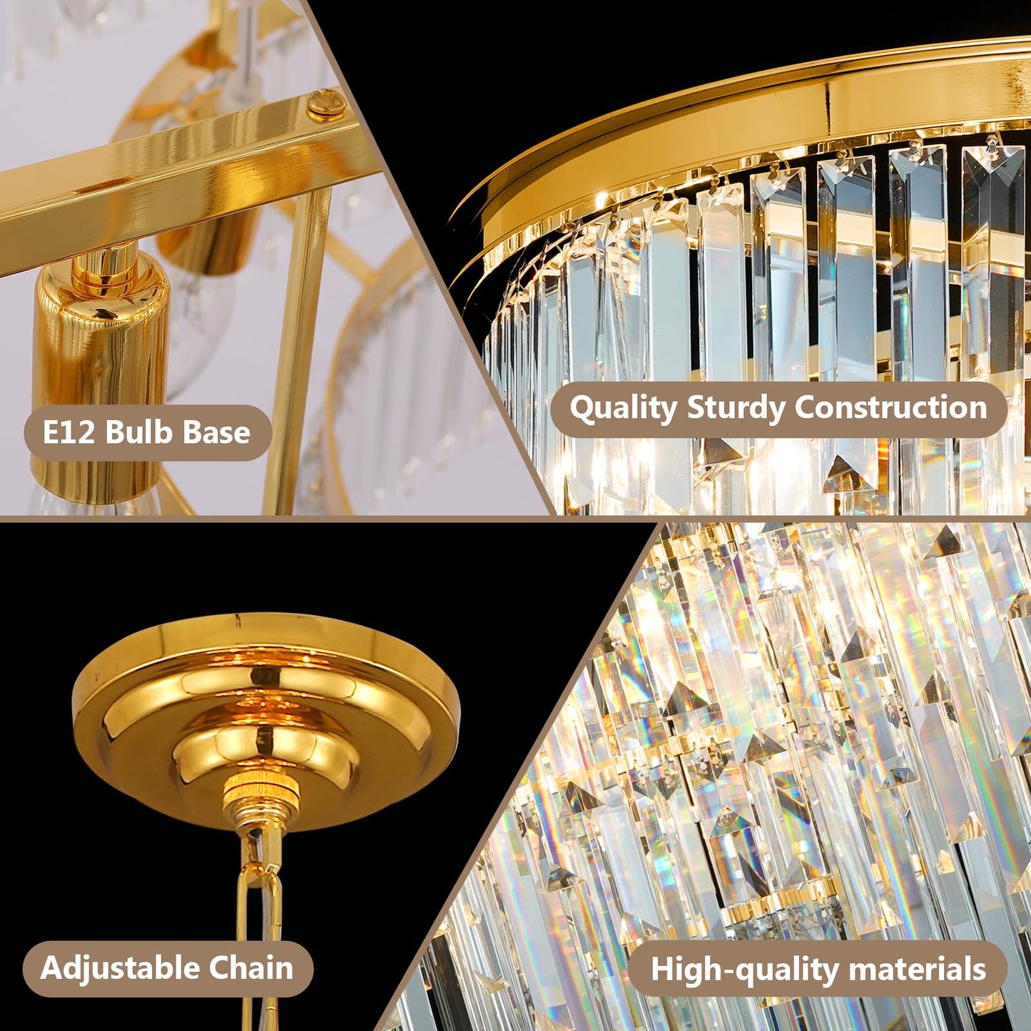 CHGUOSZ 27'' Modern Crystal Chandelier, Gold Round Ceiling Light with Clear Prisms, Luxury Flush Mount Lighting Fixture for Dining Room Bedroom Foyer