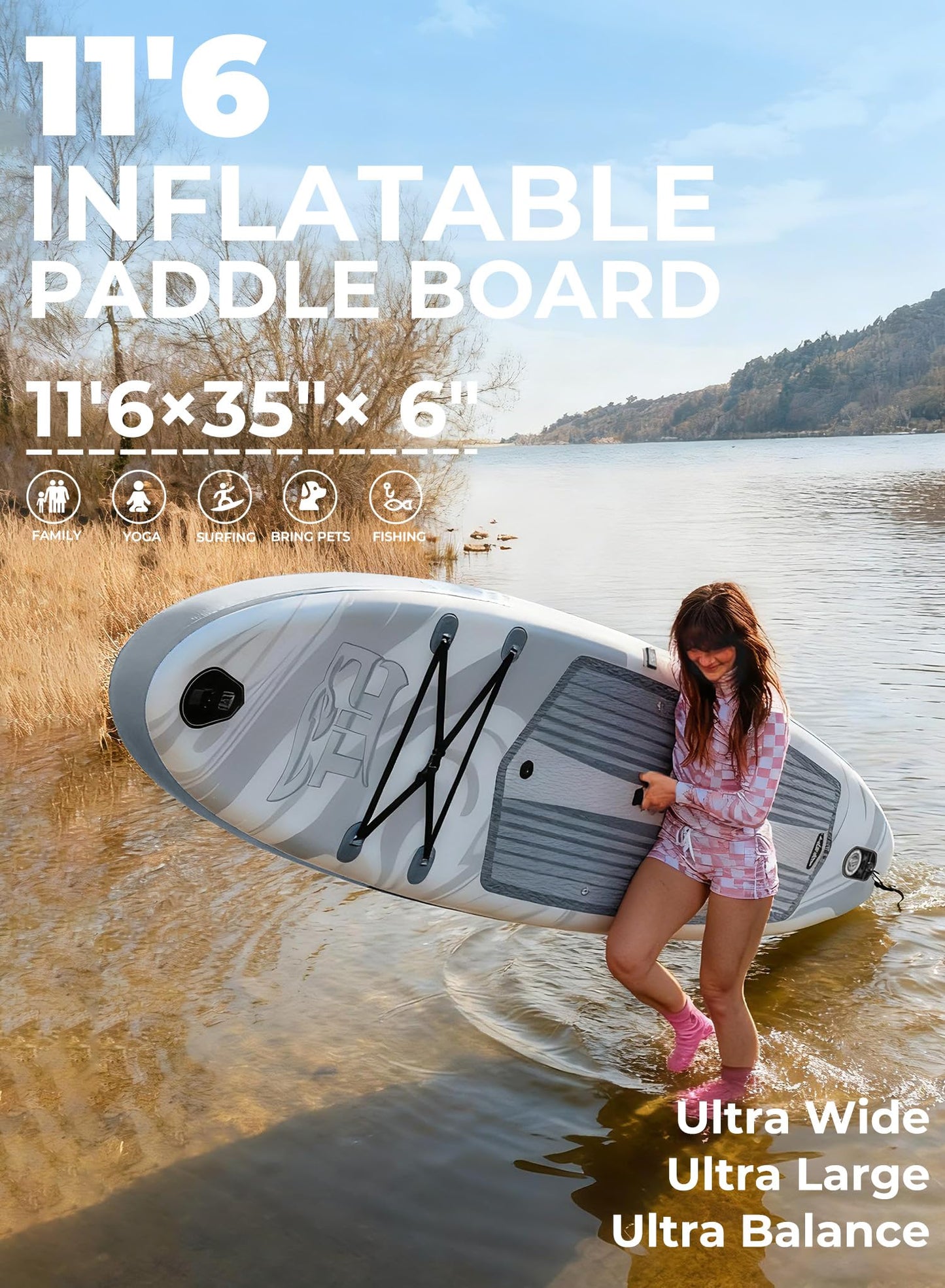 TIGERXBANG Inflatable Stand Up Paddle Board 11'6"×35"×6" with Complete Accessories, Premium Large Paddle Boards for Adults/Youth, Paddle Board Polar Frost Collection