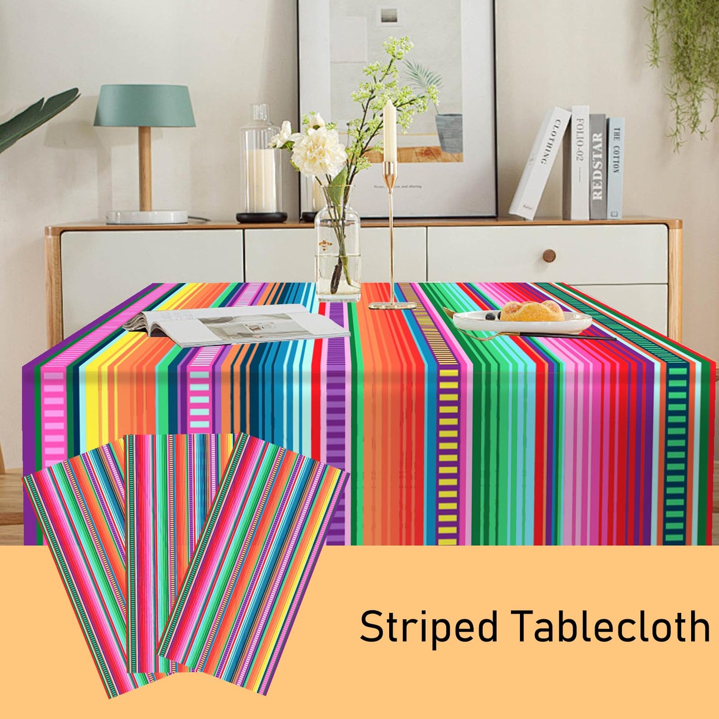 ASLERMURE 3 Pack Disposable Plastic Mexican Serape Tablecloths, 54 x 108 Inch Mexican Striped Party Table Cover for Mexican Wedding Birthday Party Decorations Outdoor Indoor Party Supplies