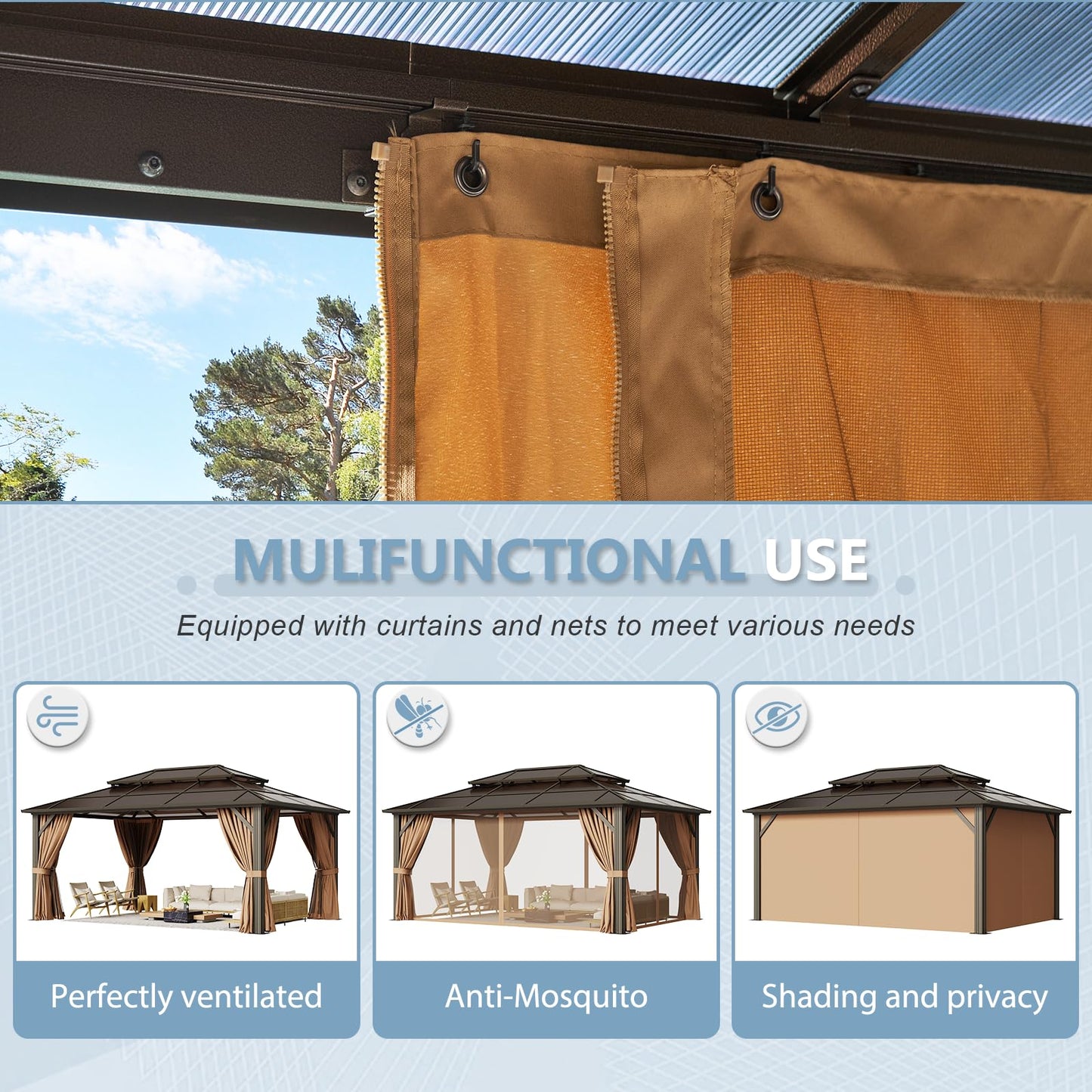 Aoxun 12'x16' Hardtop Gazebo, Aluminum Frame Permanent Pavilion with Curtains and Netting, Outdoor Polycarbonate Double Roof Canopy with Ceiling Fan, for Garden, Lawns, Patio, Brown