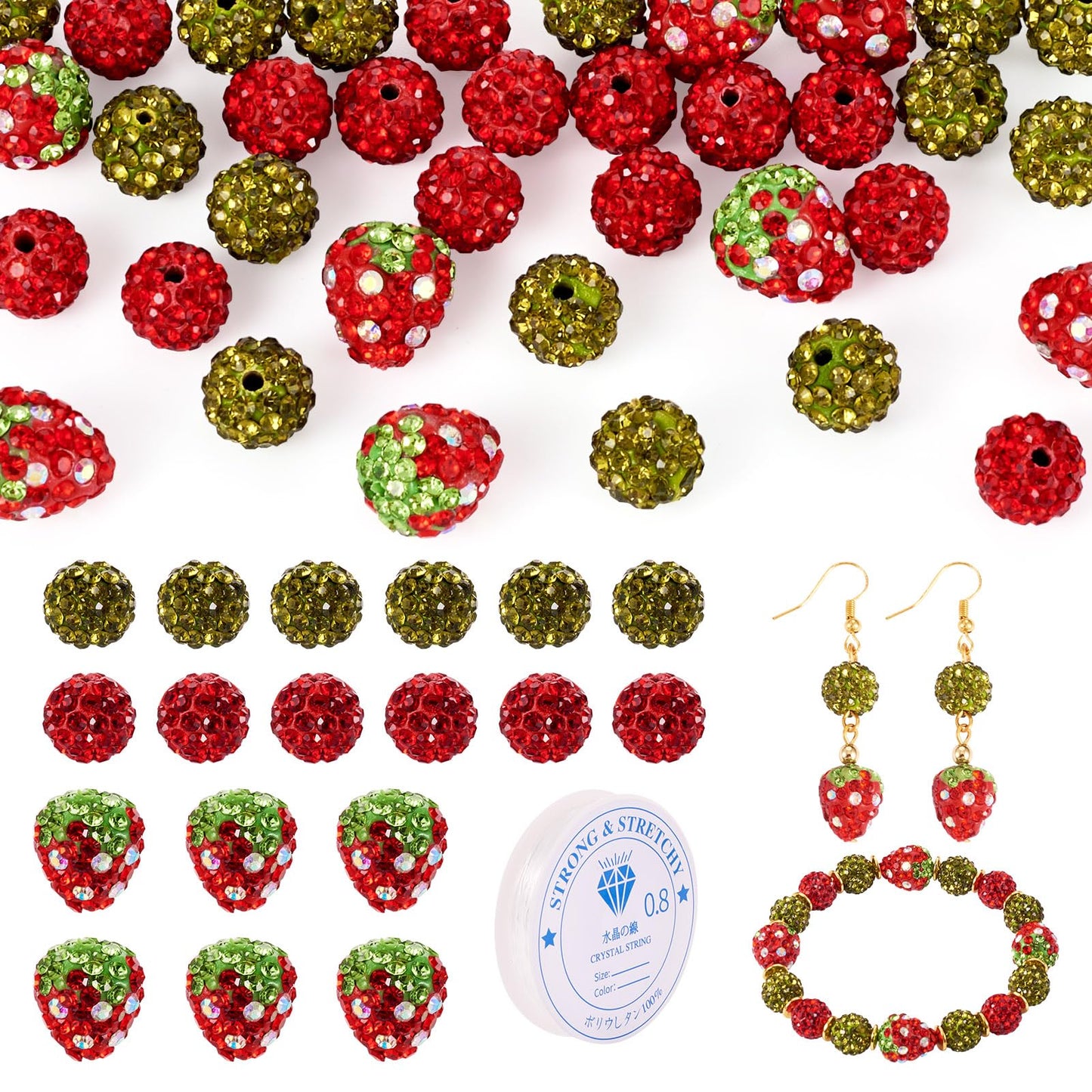 KISSITTY 40Pcs Strawberry Polymer Clay Beads Bracelet Making Kit Crystal Round Rhinestone Beads Colorful Disco Ball Bead with Elastic String for Bracelets Necklaces Jewelry Making Supplies DIY Crafts