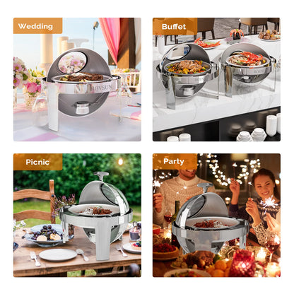 ROVSUN Roll Top Chafing Dish Buffet Set,6 QT Round Stainless Steel Chafer for Catering,Buffet Servers and Warmers Set with Glass Window for Weddings Party