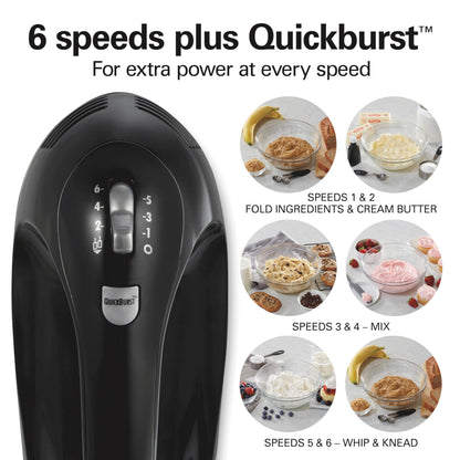 Hamilton Beach 6-Speed Electric Hand Mixer with Whisk, Dough Hooks and Easy Clean Beaters, Powerful 275 Watt Motor, Snap-On Storage Case, Black