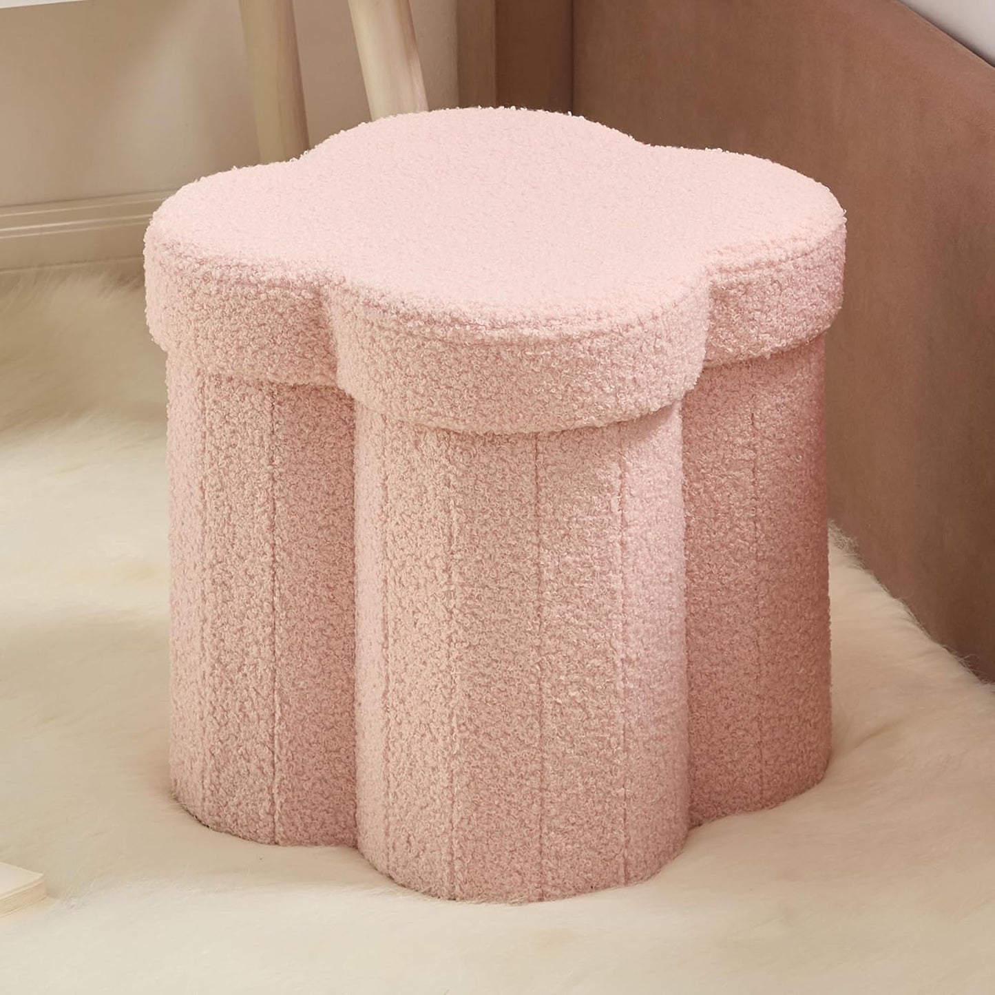 12" Inch Ornavo Home Pink Boucle Storage Ottoman Cube Flower-Shaped Footstool with Hidden Storage, Faux Teddy Fur Foot