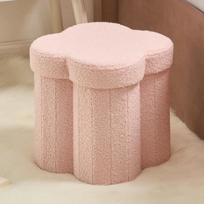 12" Inch Ornavo Home Pink Boucle Storage Ottoman Cube Flower-Shaped Footstool with Hidden Storage, Faux Teddy Fur Foot