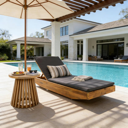 Acacia Wood Chaise Lounge with 2-Fold Thin Cushion - Teak Finish Outdoor Recliner with Cream Water-Repellent Cushion, 79.6" L x 29" W, 300 lbs