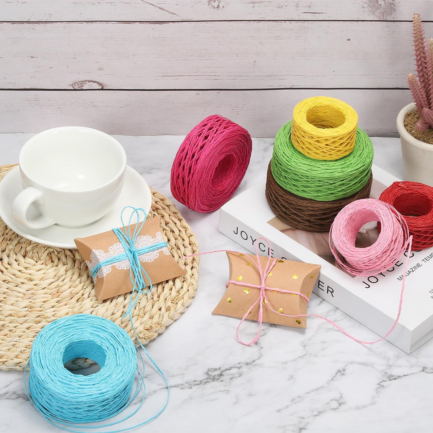 PATIKIL 1312 Feet Raffia Ribbon, 4 Rolls Raffia Yarn Paper Rope Twine String for Crochet Bags Craft Festival Gifts Bouquets Wrapping, White, Black