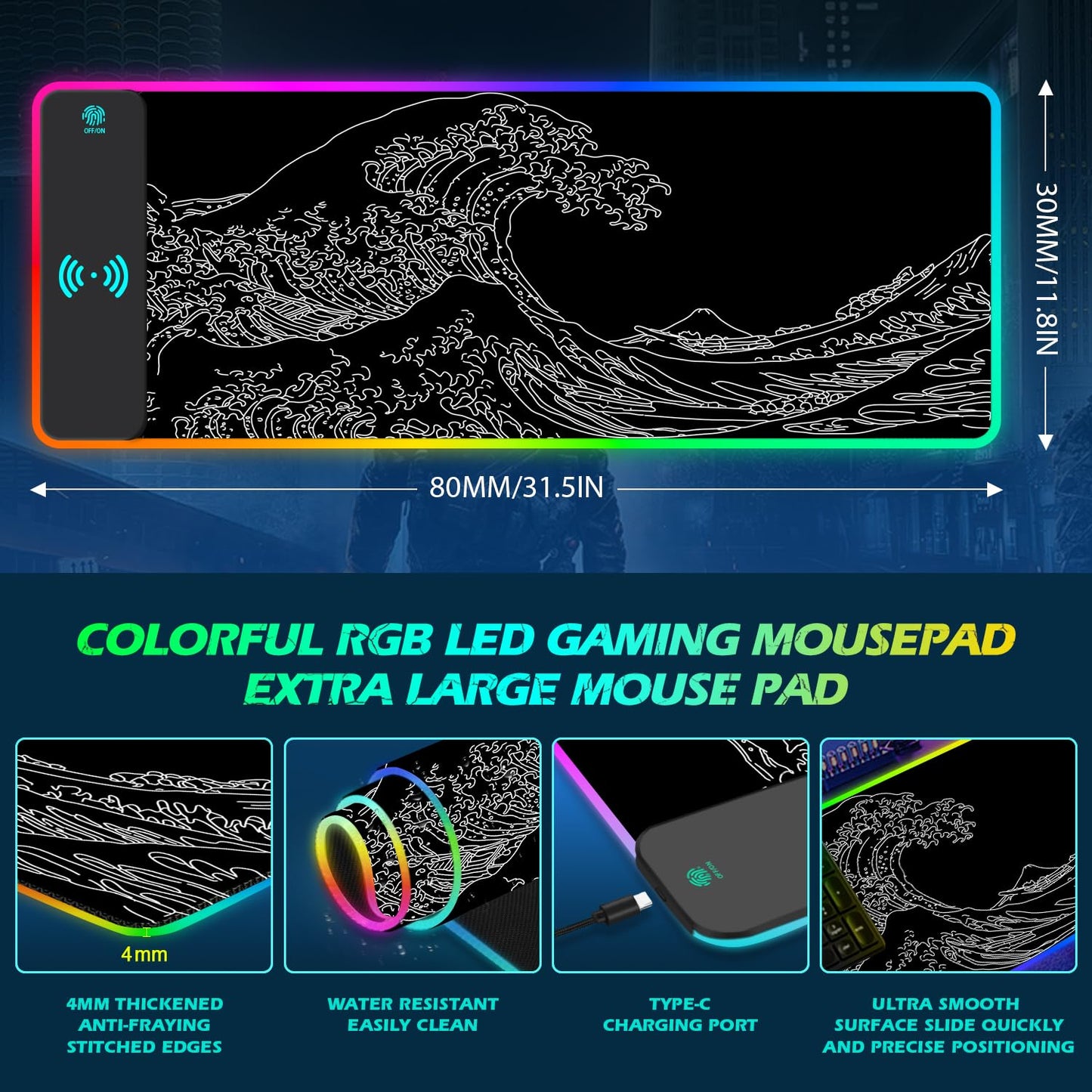 ToLuLu RGB Gaming Wireless Charging Mouse Pad, 5/7.5/10/15W 10 Light Modes LED Mouse Pad Computer Keyboard Mat Mousepad, 800x300x4MM Extended Large Desk Mat for Gaming, MacBook, Laptop, PC, Galaxy