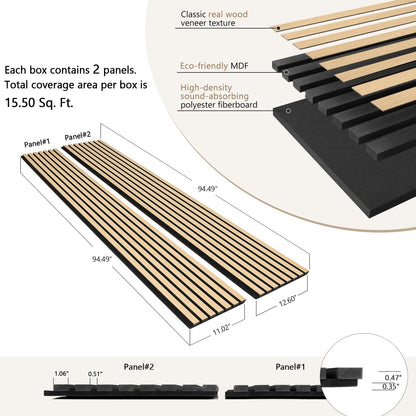 eazart 3D Acoustic Wood Veneer Slat Wall Panels for Interior Wall and Ceilings Panels,Sound-Absorbing Felt Board, Sound Proof Decorative Panels,94.49” x 23.62”Each Box Coverage,2 Pack,Natural Oak