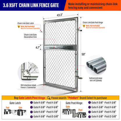 4x5FT(43.3" W x 59.0" H) Heavy Duty Chain Link Gate Easy Installation, Galvanized Steel Chain Link Gate Kit for Yard丨Pet Enclosure丨Backyard（Includes Galvanized Steel Pipes）