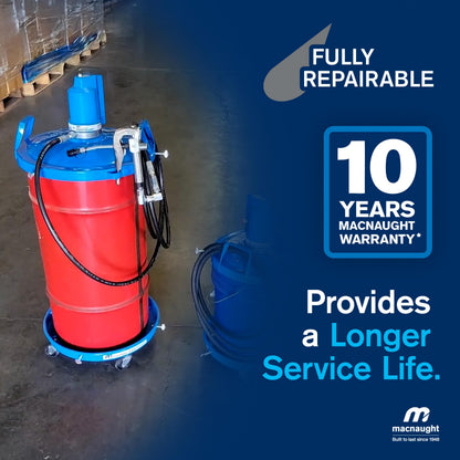 Macnaught Legendary P6TR 50:1 Air-Operated Greasing Pump for 120 lb. Drum. Includes Booster Gun, Hose and Trolley, Low Air Consumption (3CFM)