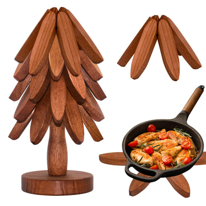 Wooden Trivets for Hot Dishes, Wooden Tree Trivet Set of 5 for Easy Storage - Suited for Hots, Pans, Bowl, Teapot, Hot Holders - Multifunctional Ornaments (Dark - 5 PCs)