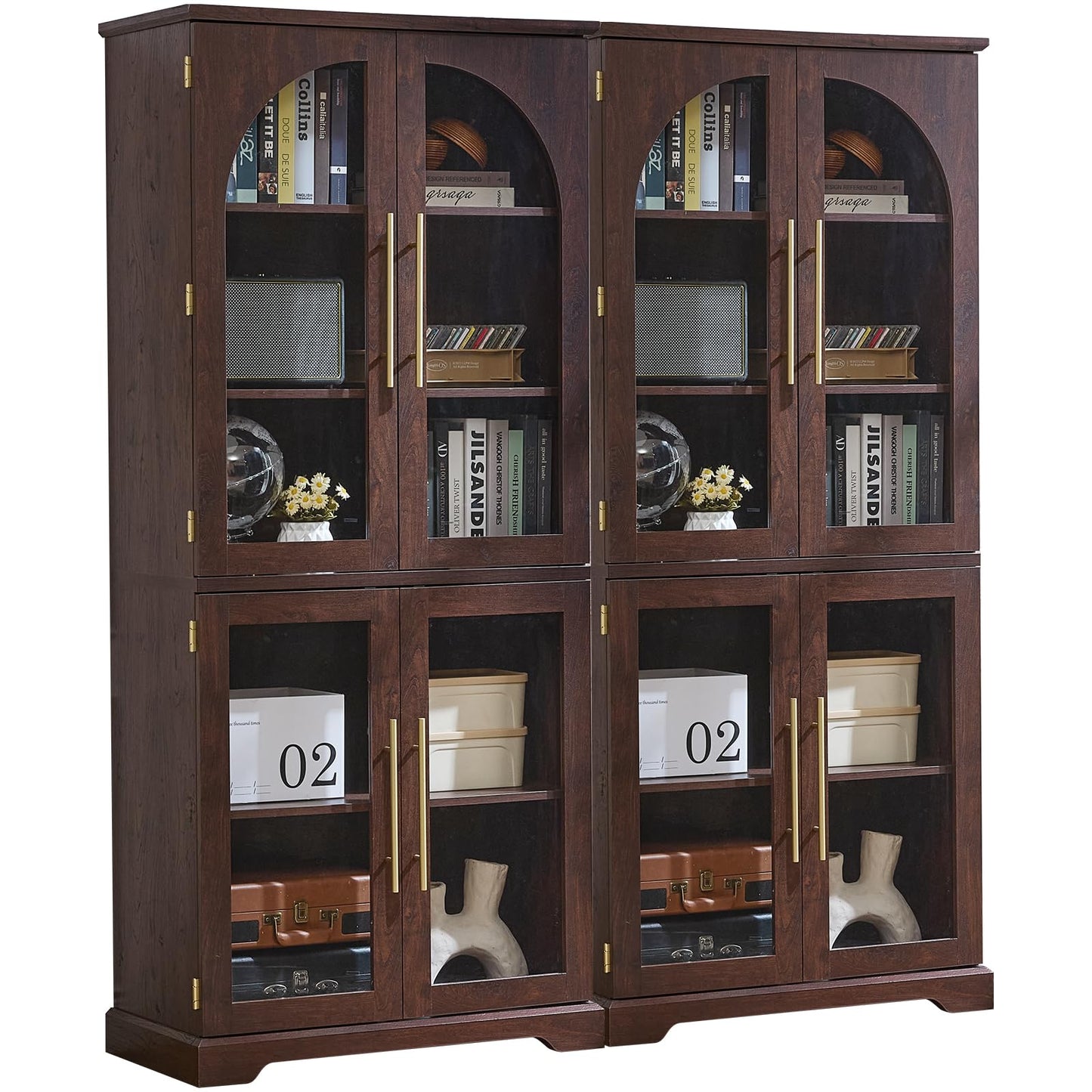 Joaxswe 72" Tall Bookshelf Set of 2, Farmhouse Bookcase with 3-Tier Adjustable Shelves, Modern Living Room Display Cabinet with Glass Doors, Large Storage Cabinet for Home Office,Dining Room, Walnut