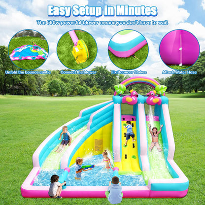 Inflatable Water Slide, 6 in 1 Blow Up Water Park Aged 3-10, Flamingo Style Water Bounce House with Double Long Slides, Splash Pool, 580W Blower Waterslide for Kids and Adults Backyard