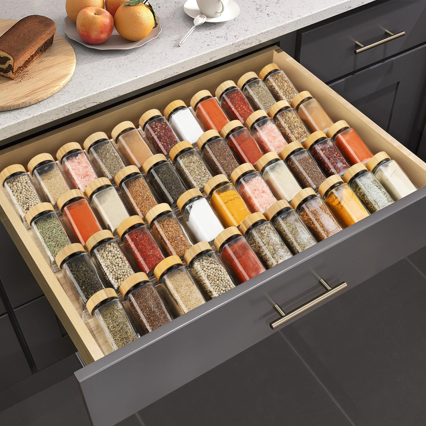 Suneerplay Spice Drawer Organizer 4 Tier, Acrylic Seasoning Organizer Rack, Clear Spice Rack Tray, Kitchen Seasoning Jars Drawers Insert (Jars Not Included/Expandable From 13" to 26")