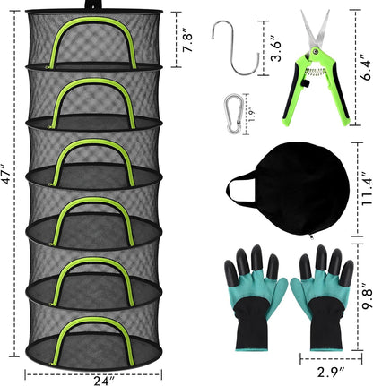 BRIVADO 6 24" Herb Drying Rack Hanging Mesh Layer with Zipper, Gloves, Garden Pruning Shear, Hook & Carabiner Clip
