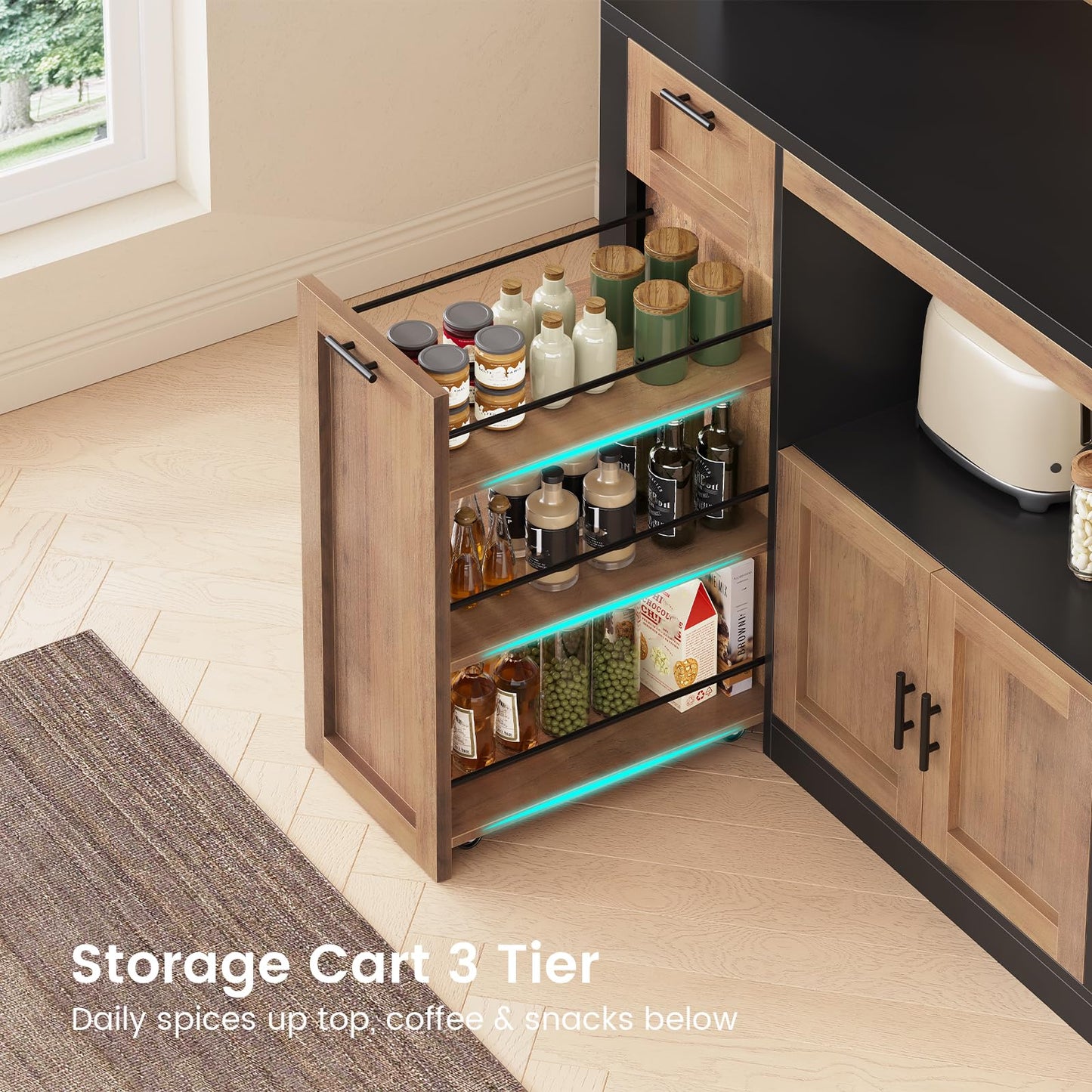Itaar 71" Pantry Cabinet with Charging Station and LED Light, Kitchen Pantry Cabinet with Microwave Stand, 47.2" Wide Kitchen Storage Cabinets with Storage Cart 3 Tier for Dining Room (Brown)