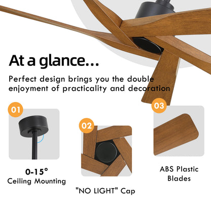WINGBO 64" ABS DC Ceiling Fan No Light, 5 Blade ABS Plastic Ceiling Fan with Remote, 6-Speed Reversible DC Motor, Ceiling Fans without Light for Kitchen Bedroom Living Room, Matte Black and Walnut