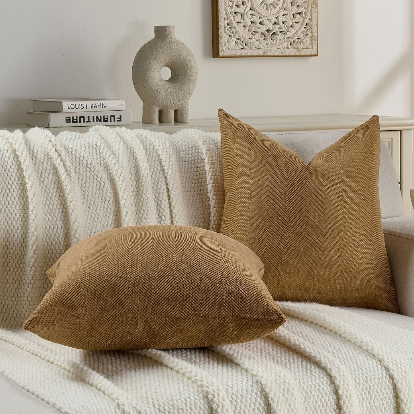 FUTEI Pack of 2 Chevron Chenille Throw Pillow Covers 18x18 Inch Soft Herringbone Textured Decorative Cushion Case Farmhouse Accent Pillows for Couch Bed Living Room, Camel